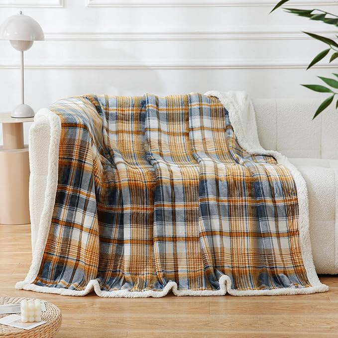 PU MEI Sherpa Blanket Twin Plaid Thick Bed Blanket, 60”*80” Super Soft Flannel Fuzzy Fleece Reversible Velvet Plush Warm Blanket for Couch (Blue Yellow Check)