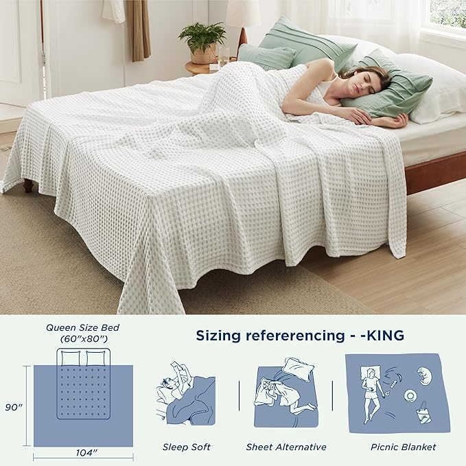 Bedsure Cooling Cotton Waffle King Size Blanket - Lightweight Breathable Summer Blanket of Rayon Derived from Bamboo for Hot Sleepers, Luxury Throws for Bed, Couch and Sofa, Fog Blue, 104x90 Inches