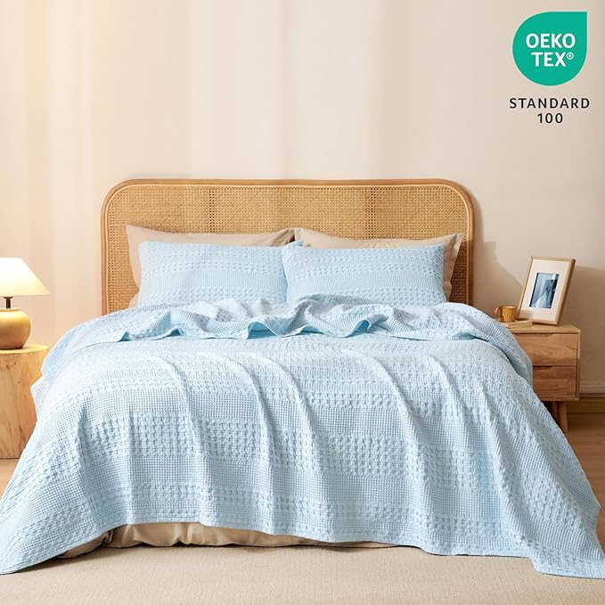 PHF 100% Cotton Waffle Weave Blanket Twin Size, Soft Lightweight Breathable Cozy Summer Blankets for Bed, Luxury Aesthetic Woven Bedding for Home Decor, 66"x90", Baby Blue