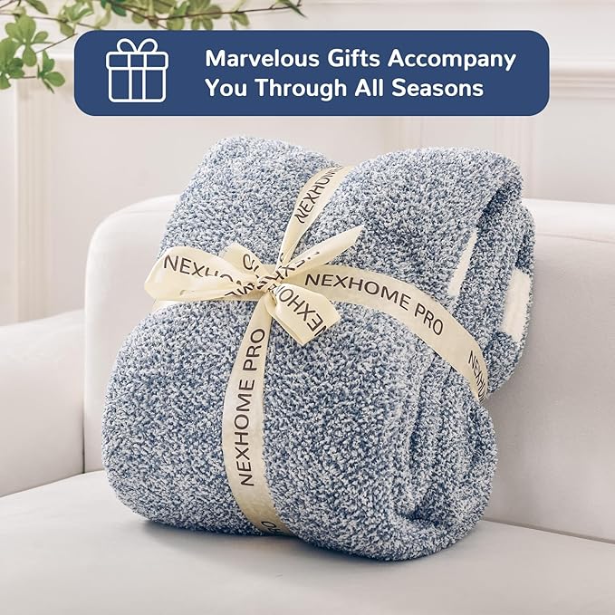 NEXHOME PRO Super Soft Throw Blankets for Couch, Twin Size Cozy Blankets Reversible Knit Blanket for Women, Fuzzy Plush Lightweight Throws for Sofa, Bed, Picnic, Heather Blue White, 60 x 80 inches