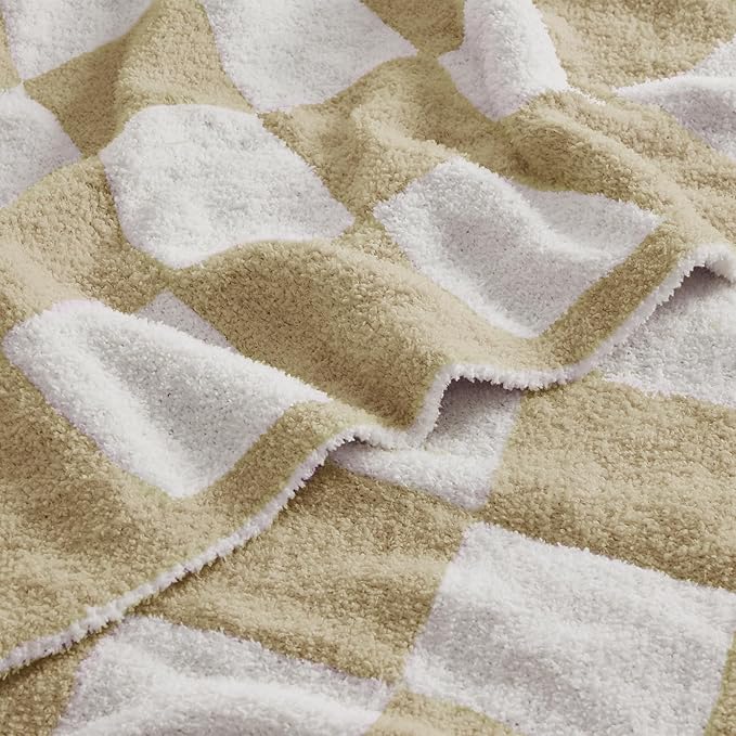 JOOJA Soft Cozy Checkerboard Beige Bed Blanket Fluffy Knit Throw Blanket Queen Size Plaid Checkered 90x90 in