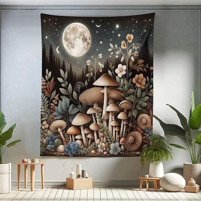 Ambesonne Aesthetic Tapestry Twin Size, Night Forest Scene with Boho Nature Mushroom Leaves Stars and Full Moon, Wall Hanging Bedspread Bed Cover Wall Decor, 68" X 88", Sepia and Grey Teal