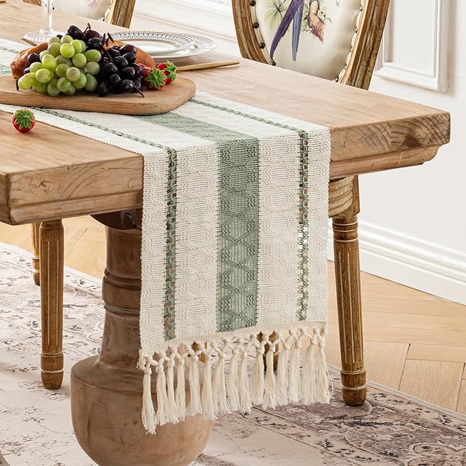 Fancy Homi Sage Green Table Runner 60 Inches Long Boho Macrame Table Runner for Home Decor, Farmhouse Table Runners with Tassels for Party Bohemian Rustic Bridal Shower Dining Decor 12x60 Inches