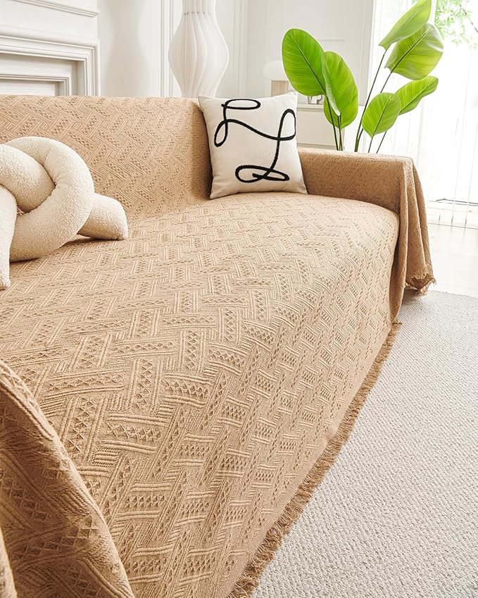 AIVIA Couch Cover Sheet Blanket, Slipcover for 3-4 Cushion High Backed Backrest Sofa, Extra Large Furniture Decor L Shape U-Shaped Sectional Protector for Cats Dogs Pets (Khaki, 91” x 134”)