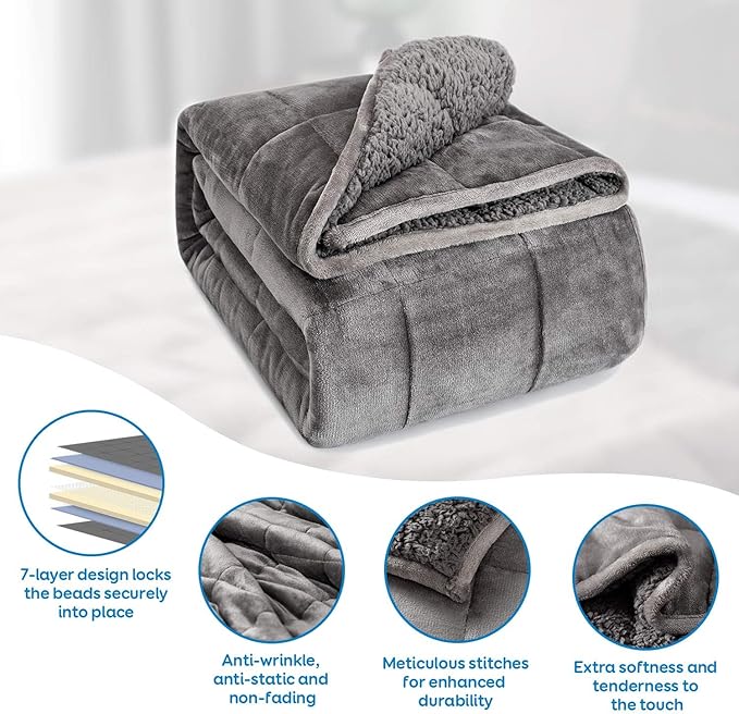 Weighted Blanket 12 lbs Queen Size, Flannel Shaggy Sherpa Weighted Blanket for Adults Comfortable Weighted Blankets for Calming and Relax, Bed Sofa Heavy Blankets, 60x80 inches, Grey