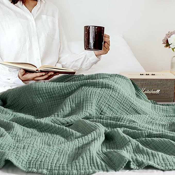 Carriediosa 100% Cotton Muslin Throw Blanket 108" X 90" King Size,4-Layers Summer Gauze Throws for Bed Couch,Soft Lightweight Breathable Linen Blankets Bedspread for Adults All Season,Sage Green