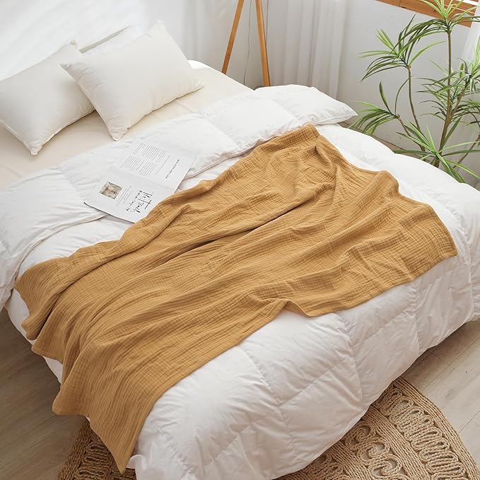 PHF 100% Cotton Muslin Throw Blanket 50" x 60", 4-Layer Lightweight and Breathable Blanket for Summer, Luxuriously Soft Gauze Throws for Couch, Natural Minimalism Style, Ideal Gift, Honey Yellow