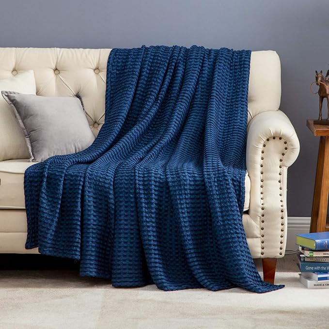 Bedsure Cooling Cotton Waffle Twin XL Blanket - Lightweight Breathable Blanket of Rayon Derived from Bamboo for Hot Sleepers, Luxury Throws for Bed, Couch and Sofa, Navy, 66x90 Inches