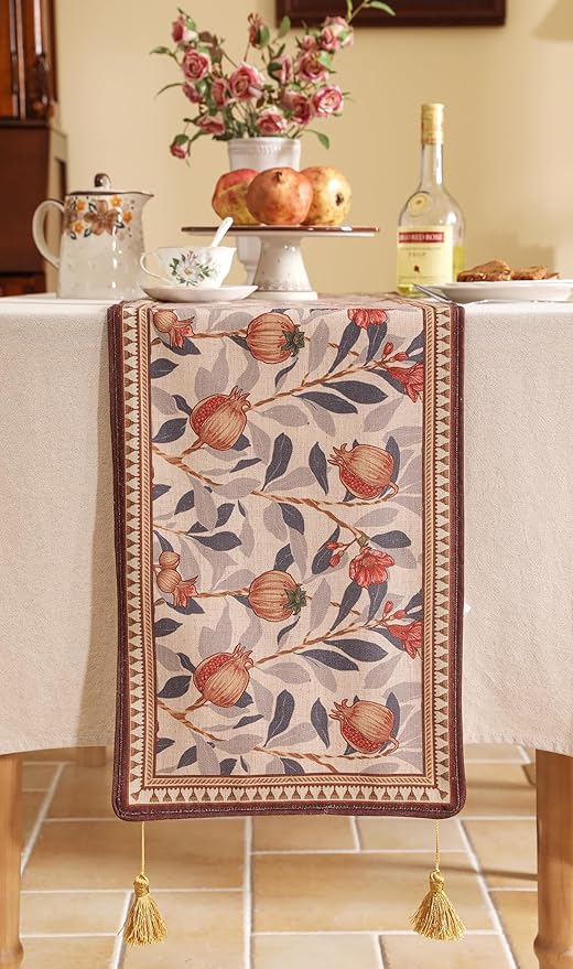 patdrea Designer Vintage SaddleBrown Extra Long Linen Table Runner 118 Inch Long,Pomegranates Pattern Table Mat, Decor for Kitchen Dining Coffee Table Shelf Cabinet Banquet Christmas ,12"*118"