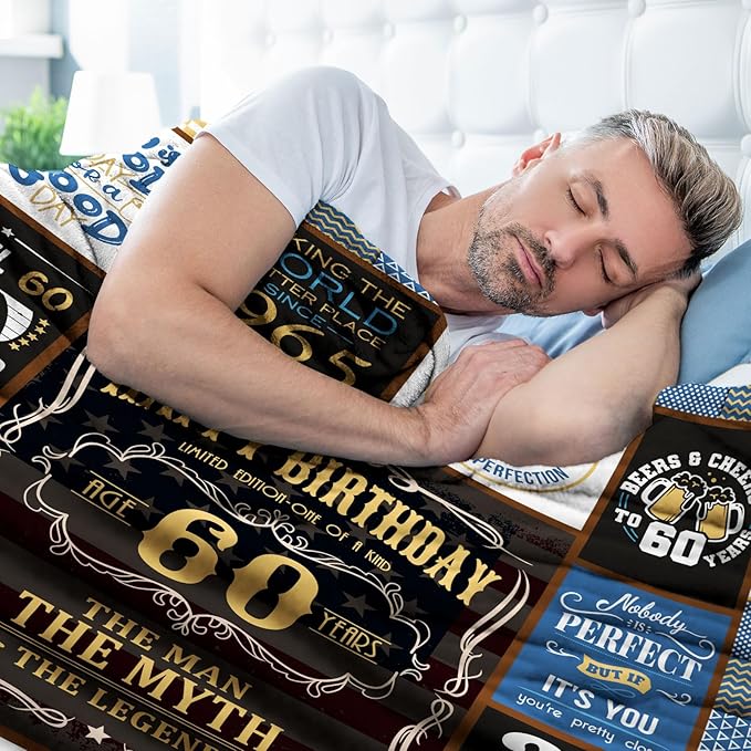 60th Birthday Gifts for Men Blanket 60 x 50 inch, 60 Year Old Birthday Gifts for Men, Gift for 60 Year Old Man, 1965 Mens 60th Birthday Gift Ideas Male, 60 th Birthday Gift for Dad
