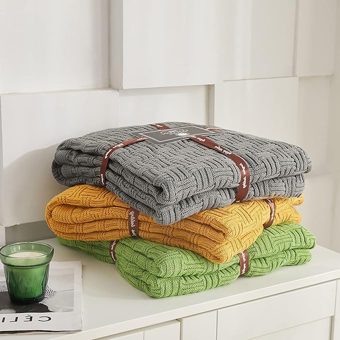 Longhui bedding Cotton Gray Cable Knit Throw Blanket for Couch Chairs Bed Beach, Home Decorative Grey Knitted Blanket, 50 x 60 Inch with a Washing Bag,Silk Bow Tie Package