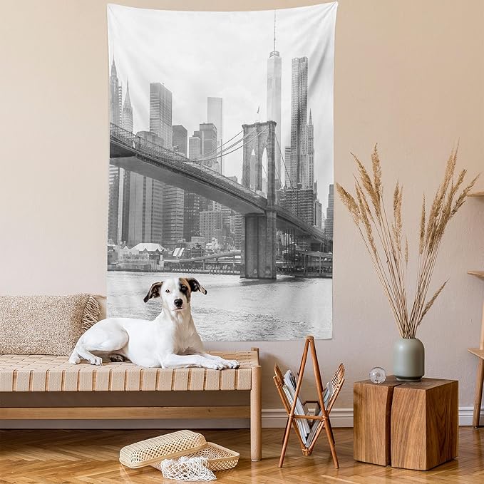 Ambesonne Landscape Tapestry, Photo of Brooklyn Bridge Over East River and Tall Buildings Skylines at The Back, Wall Hanging for Bedroom Living Room Dorm Decor, 40" X 60", Purple Green