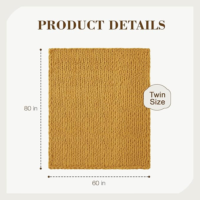 Carriediosa Chunky Knit Throw Blanket 60" X 80" Twin, 100% Hand Made Large Chenille Loop Yarn Soft Fluffy Throws for Couch Sofa Bed, Big Crochet Cozy Heavy Thick Cable Woven Blanket, Yellow
