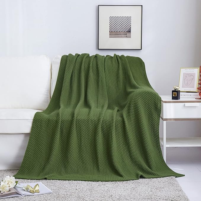 Longhui bedding Olive Green Knitted Throw Blanket for Couch, Soft, Cozy Machine Washable 100% Cotton Sofa Knit Blankets, Heavy 4.0lb Weight, 60 x 80 Inches, Olive Green Color.