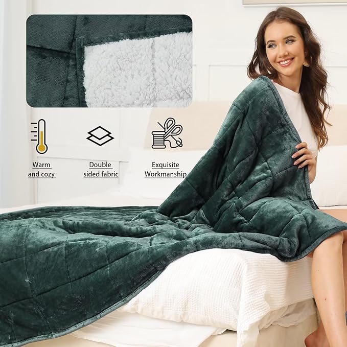 Alomidds Sherpa Fleece Weighted Blanket for Adults(15lbs Twin Size) Heavy Blanket with Fluffy Warm Thick Sherpa & Cozy Soft Flannel Snuggle Great for Sofa Bed Calming, 48x72 inches, Forest Green