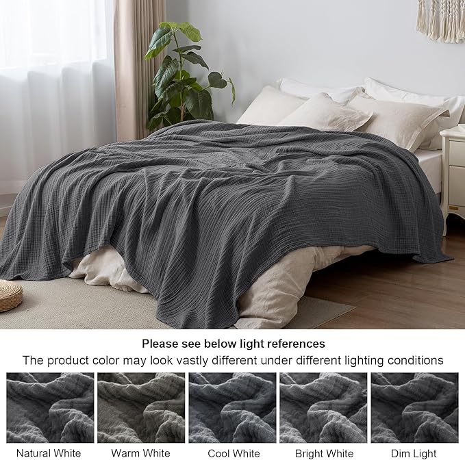 PHF 100% Cotton Muslin Blanket Twin Size 66" x 90", 4-Layer Lightweight and Breathable Blanket for Summer, Luxuriously Soft Gauze Bedding for Bed, Natural Minimalism Style, Ideal Gift, Greyish Black