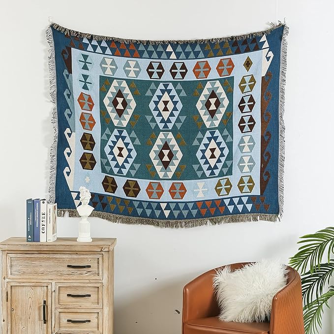 Luxlovery Blue Bohemian Sofa Throw Blankets Ethnic Woven Boho Geometric Blue and Khaki Throw Blanket for Couch Aztec Bed Throws Oversized Chair Sofa Cover with Tassels(63"x86")