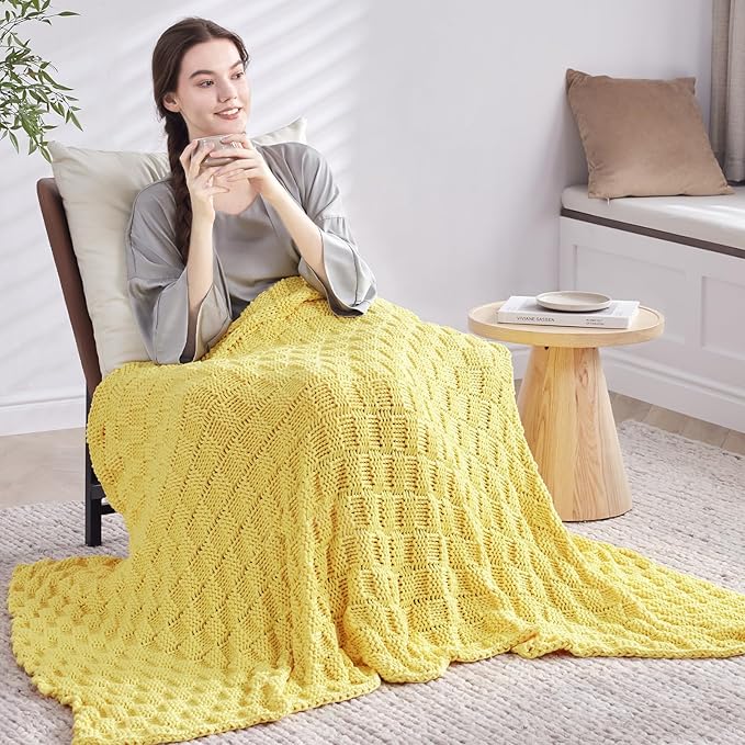 Knitted Weighted Blanket for Adult, No Beads Heavy Blanket 60” x 80'' 10lbs, Breathable Chunky Knit Blanket, Cooling Weighted Blanket for Hot Sleepers, Christmas Home Decor (Yellow)