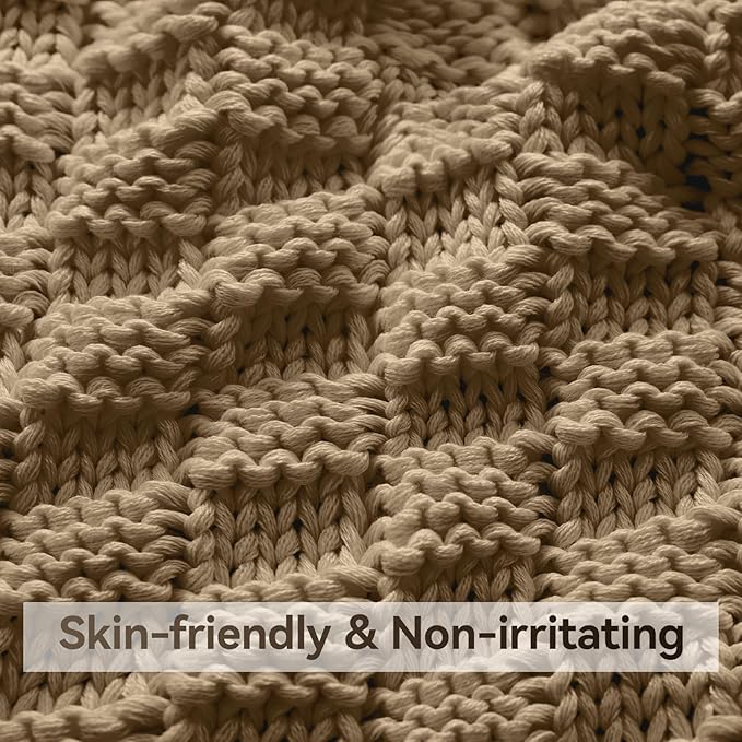 Knitted Weighted Blanket for Adult, No Beads Heavy Blanket 70” x 90'' 20lbs, Breathable Chunky Knit Blanket, Cooling Weighted Blanket for Hot Sleepers, Christmas Home Decor (Camel)