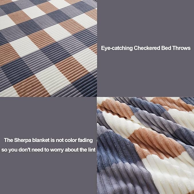 PU MEI Sherpa Blanket Full/Queen Plaid Thick Bed Blanket, 90”*80” Super Soft Flannel Fuzzy Fleece Reversible Velvet Plush Warm Blanket for Couch (Grey-Check, 80"*90")