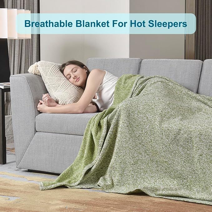 KAWAHOME Summer Sweatshirt Throw Blanket for Bed-Lightweight Breathable Blankets,Soft Thin Knit Jersey Throw Blanket for Hot Sleepers,50 X 60 Inches, Heather Green