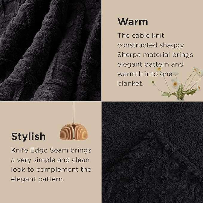 Bedsure Sherpa Fleece Blanket Twin Size for Bed - Fuzzy Soft Cozy Cable Throw for Couch, Thick Warm Blankets for Winter, Black, 60x80 Inches