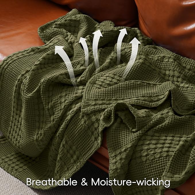 PHF 100% Cotton Waffle Weave Blanket King Size, Soft Lightweight Breathable Cozy Summer Blankets for Bed, Luxury Aesthetic Woven Bedding for Home Decor, 108"x90", Capulet Olive