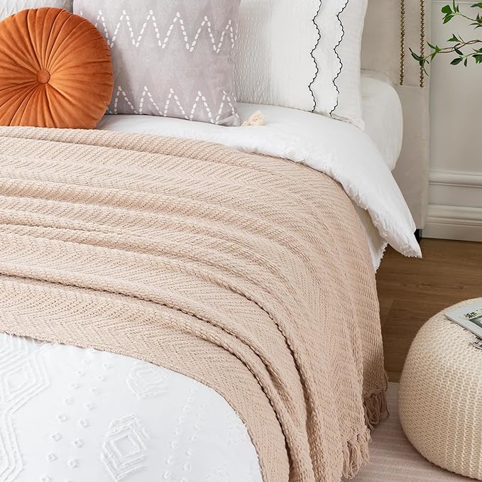 BATTILO HOME Beige Throw Blankets for Couch, Knitted Tan Throw Blanket for Twin Bed, Super Soft Warm Large Throws for Home Decor, 60" x 80"