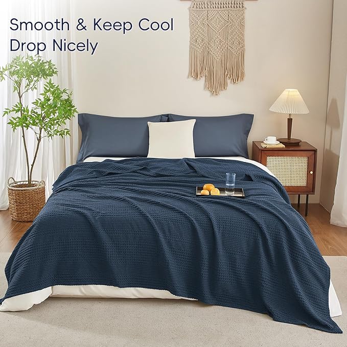 PHF Lightweight Waffle Weave Blanket Twin Size, Breathable & Ultra Soft, 66"x 90" Soft & Cozy Thin Blanket, Perfect for Summer & Hot Sleepers, Bed, Home Decor - Navy Blue