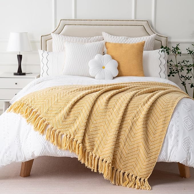 BATTILO HOME Gold Throw Blanket for Couch, Fall Decor Blankets & Throws, Fall Throw Blanket for Autumn Halloween Decoration, Yellow Blanket with Tassels for Bed Sofa, 50"x60"