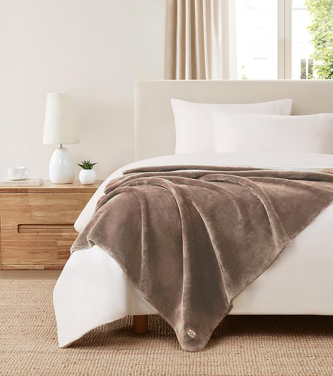 UGG Whitecap Plush Throw Blanket Fleece Lightweight Soft Cozy Throw for Couch Luxury Home Decor for Living Room Machine Washable Hypoallergenic Flannel Blankets, 50-inch x 70-inch, Light Fawn Brown