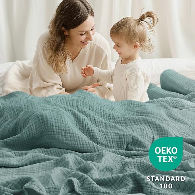 100% Cotton Muslin Blanket King 108" x 90", 6 Layers Breathable and Lightweight Cotton Throw Blanket for Bed, Soft Quilt Bedspread Coverlet, Gauze Blanket for Adults All Season, Teal