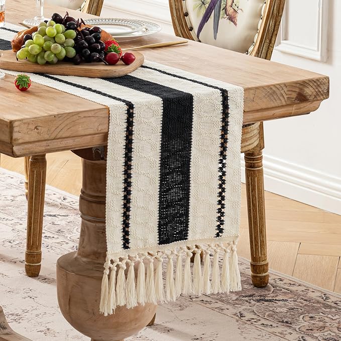 Fancy Homi Black Table Runner 108 Inches Long Boho Macrame Table Runner for Home Decor, Farmhouse Table Runners with Tassels for Party Bohemian Rustic Bridal Shower Dining Decor 12x108 Inches