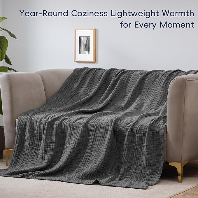 PHF 100% Cotton Muslin Blanket Twin Size 66" x 90", 4-Layer Lightweight and Breathable Blanket for Summer, Luxuriously Soft Gauze Bedding for Bed, Natural Minimalism Style, Ideal Gift, Greyish Black
