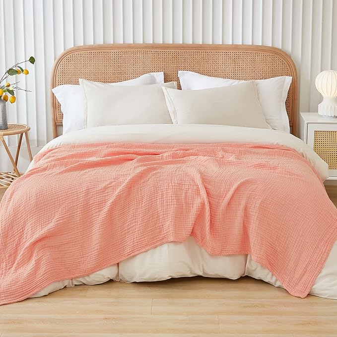 EMME Cotton Throw Blanket for Couch Soft Muslin Blankets 50"x60" Lightweight Breathable Blanket All Season Gauze Blanket, Pink