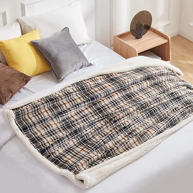 Touchat Sherpa Plaid Throw Blanket, 60" X 70"Fuzzy Fluffy Cozy Soft Blanket, Fleece Flannel Plush Twin Size Microfiber Blanket for Couch Bed Sofa (Brown)
