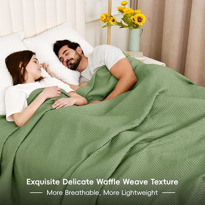 PHF Pre-Washed Cotton Waffle Weave Blanket Queen Size for Bed,Snag Proof Throw Blanket for Couch Spring Summer Lightweight Breathable,Oeko-TEX Certified,Machine Washable, Home Decor Gift,Loden Green