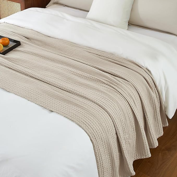 PHF Lightweight Waffle Weave Blanket Queen Size, Breathable & Ultra Soft, 90"x 90" Soft & Cozy Thin Blanket, Perfect for Summer & Hot Sleepers, Bed, Home Decor - Natural