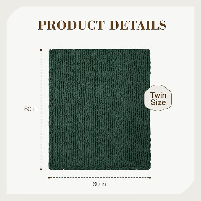 Carriediosa Chunky Knit Throw Blanket 60" X 80" Twin, 100% Hand Made Large Chenille Loop Yarn Soft Fluffy Throws for Couch Sofa Bed, Big Crochet Cozy Heavy Thick Cable Woven Blankets, Dark Green