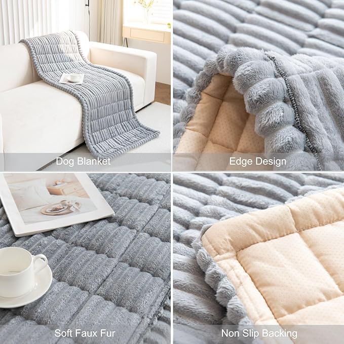 Faux Fur Plush Dog Couch Cover 3D Stripe Fuzzy Sofa Cover Non-Slip Fluffy Dog Bed Cover Pet Blanket Sofa Couch Furniture Protector for Puppy Large Dog Cat (Light Grey,31"x31")
