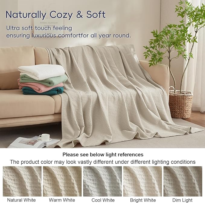 PHF Lightweight Waffle Weave Blanket Queen Size, Breathable & Ultra Soft, 90"x 90" Soft & Cozy Thin Blanket, Perfect for Summer & Hot Sleepers, Bed, Home Decor - Natural
