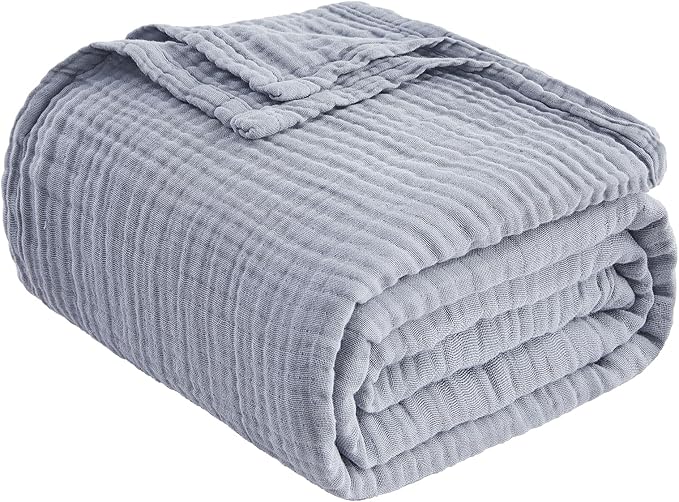 EMME Cotton Muslin Queen Blanket Bed Layering Breathable Gauze Blanket Soft Lightweight Blankets Adults (Dusty Blue, 90"x90")