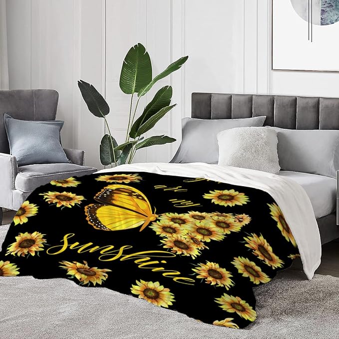 YeeJu Sunflower Throw Blanket Queen Size Yellow Floral Butterfly Blanket for Bed Couch Cozy Soft Fuzzy Plush Fleece Blankets Big Large Decorative Spring Summer Blanket Gift for Women 90x90
