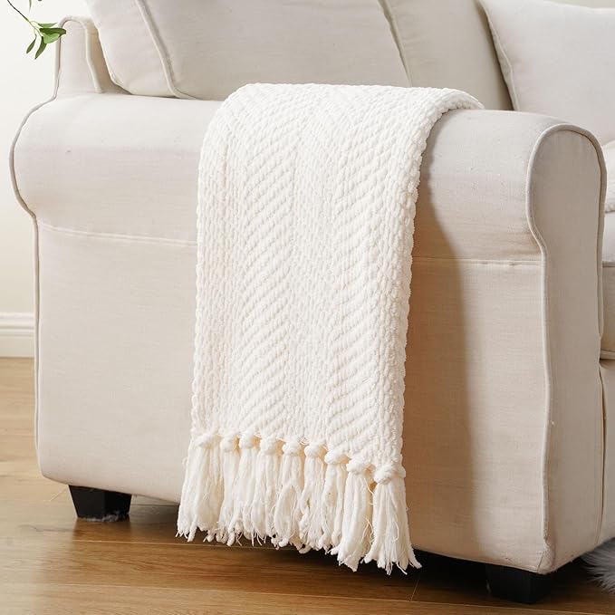 BATTILO HOME Cream White Throw Blanket for Couch, Ivory Throw Blanket for Bed, Warm Decorative White Blanket Throw for Home Decor, 50" x 60"