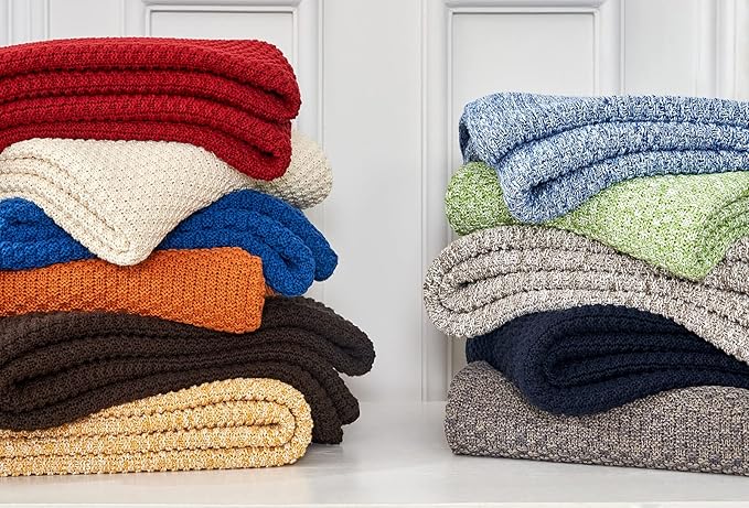 Longhui bedding Grey Knitted Throw Blanket for Couch, Soft, Cozy Machine Washable 100% Cotton Sofa Cable Knit Blankets, 4.0lb Weight, 60 x 80 Inches Oversized, Grey White Color