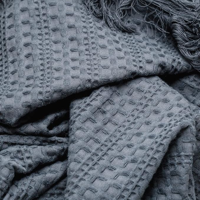 100% Cotton Waffle Blanket with Fringe, Pre-Washed Waffle Weave Blanket for All Season, Lightweight Breathable Soft Cozy Throw Blanket for Couch, Bed, Travel (Blue - 66x90 Inches)