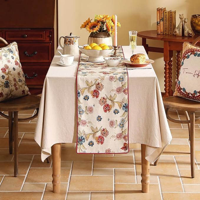 patdrea Designer Farmhouse Linen Thick Table Runner, Rustic Cottage Beige with Floral Pattern Fabric Table Mat, Decoration for Kitchen Dining Coffee Table Banquet Christmas , 12"*71"