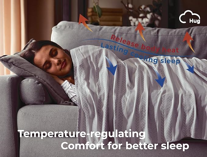 Cooling Throw Blanket for Couch 50x70 inches -50% Rayon Derived from Bamboo & 50% Cotton Breathable Blanket for Hot Sleepers,Lightweight and Soft,Light Grey,Large Throw Blankets for Summer