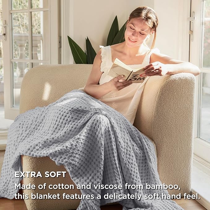 Bedsure Cooling Cotton Waffle Full Size Blanket - Lightweight Breathable Blanket of Rayon Derived from Bamboo for Hot Sleepers, Luxury Throws for Bed, Couch and Sofa, Grey, 80x90 Inches