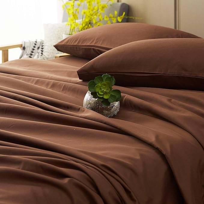 SONORO KATE Bed Sheet Set Super Soft Microfiber 1800 Thread Count Luxury Egyptian Sheets 16-Inch Deep Pocket Wrinkle and Hypoallergenic-4 Piece(King Brown)